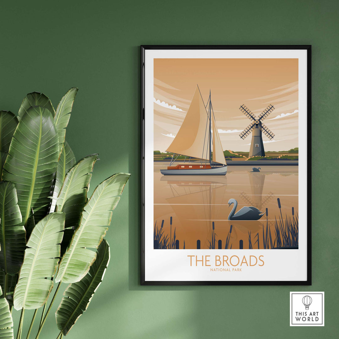 The Broads National Park poster art print featuring a sailboat and windmill in a minimalist design.