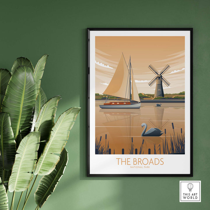 The Broads National Park poster art print featuring a sailboat and windmill in a minimalist design.