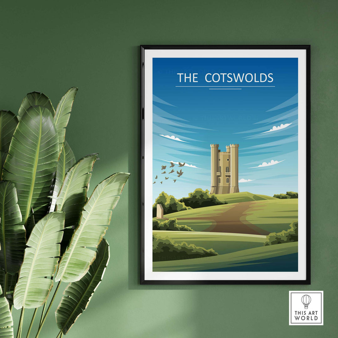 The Cotswolds Poster featuring a minimalist landscape, colorful design of a castle on a green field.