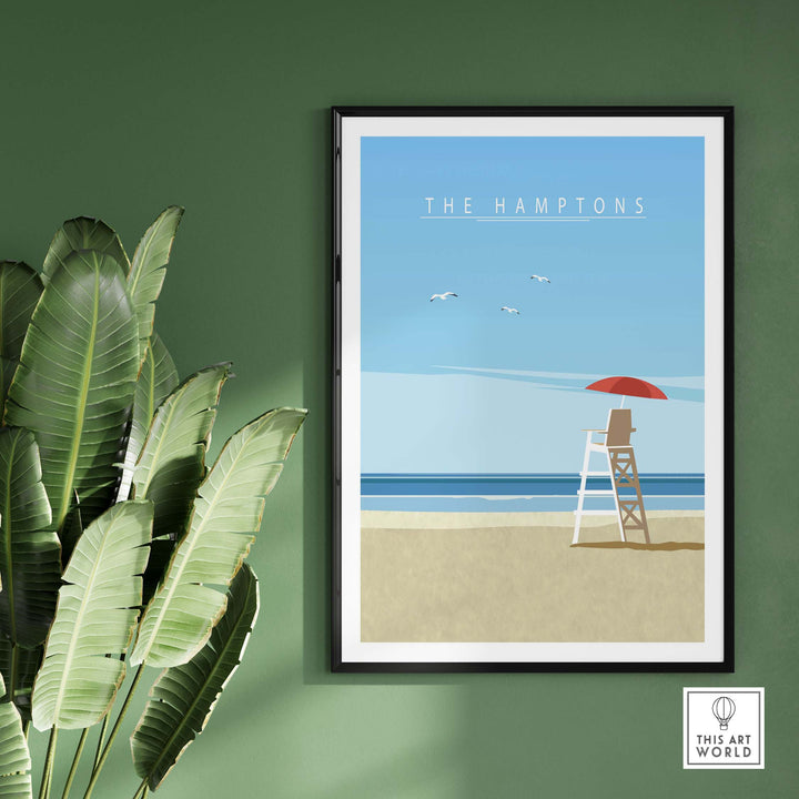 The Hamptons Print showcasing a minimalist beach scene with a lifeguard tower and palm leaves.