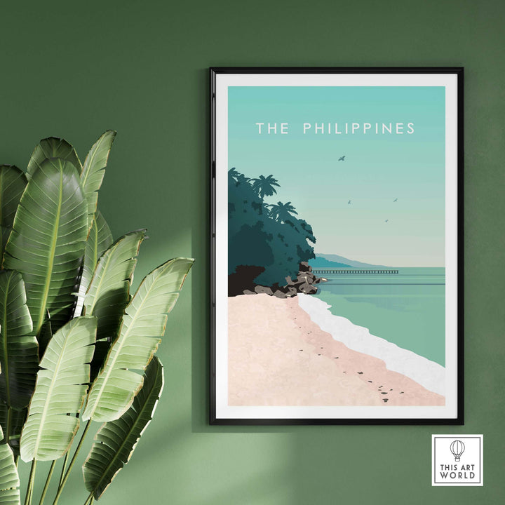 Philippines poster print wall art showcasing a serene beach scene with tropical vegetation.
