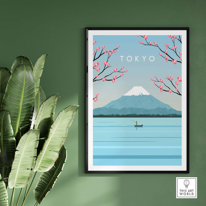 Tokyo Print Wall Art Poster featuring Fuji Mountain, cherry blossoms, and a serene water scene.