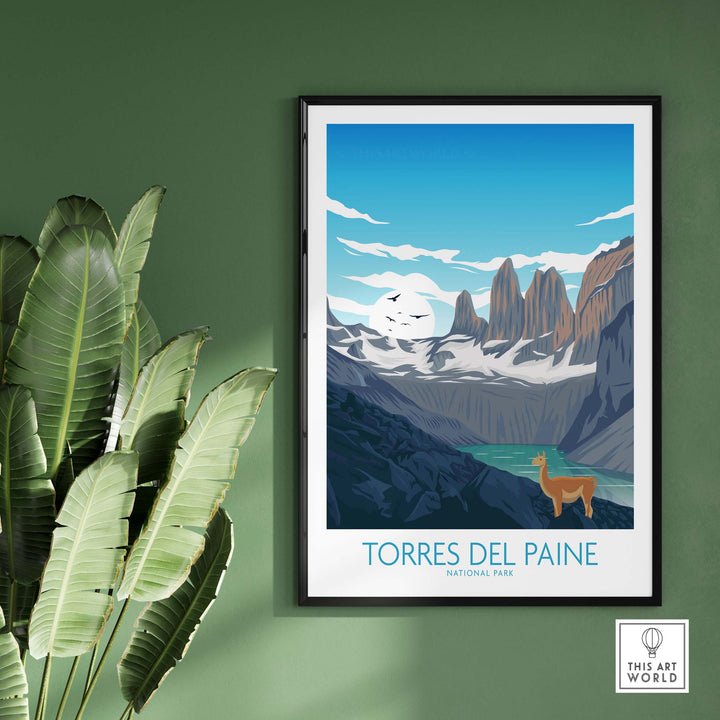 Torres del Paine Chile poster showcasing stunning mountains and wildlife, perfect for travel enthusiasts.