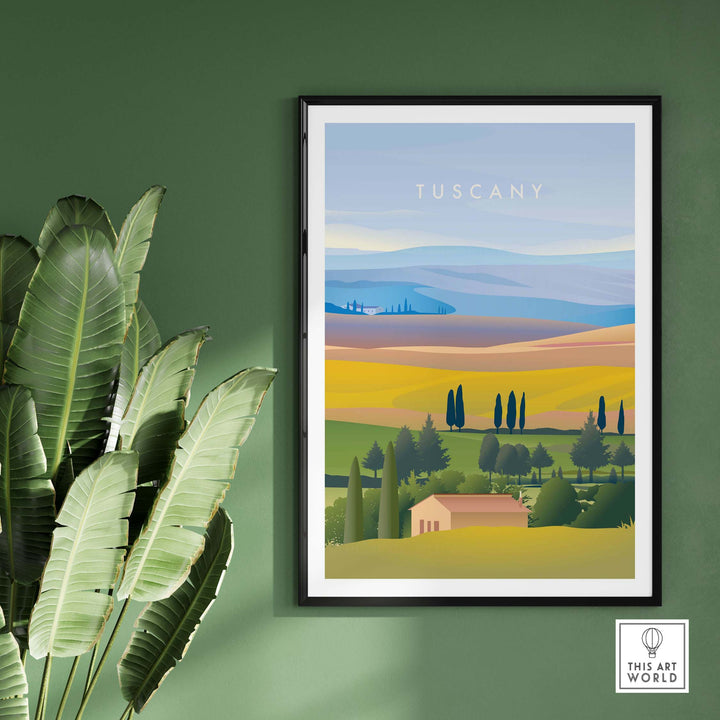Vintage-style Toscana wall art poster showcasing serene landscapes with rolling hills and vibrant colors. Perfect for home decor.