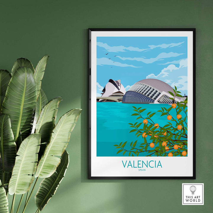 Valencia Poster Print featuring architecture, oranges, and water, styled in a minimalist, vintage-inspired design.