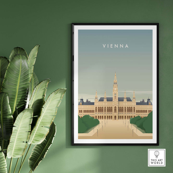 Stylish Vienna Wall Art Poster showcasing vintage architecture, framed on a green wall with plants.