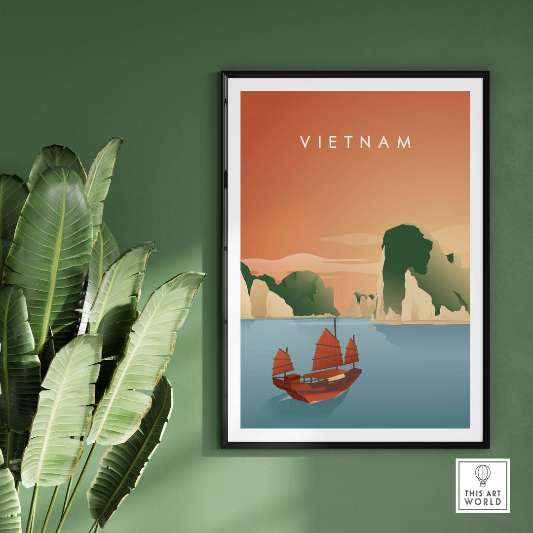 Vietnam Wall Art Poster featuring Ha Long Bay with vintage travel design and sailboat on a green wall.