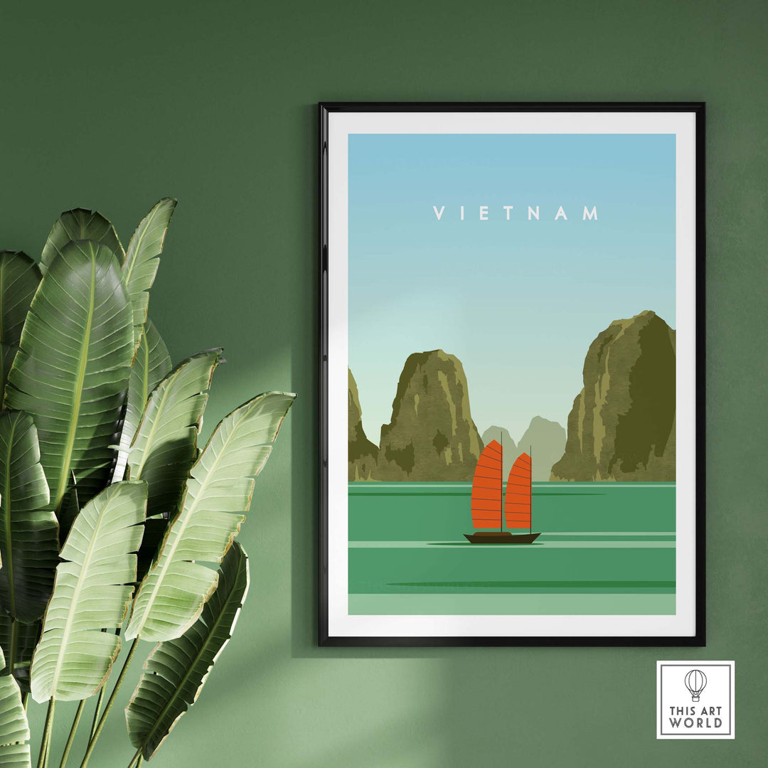 Vietnam travel poster print featuring a traditional boat and lush landscapes, perfect for home decor.
