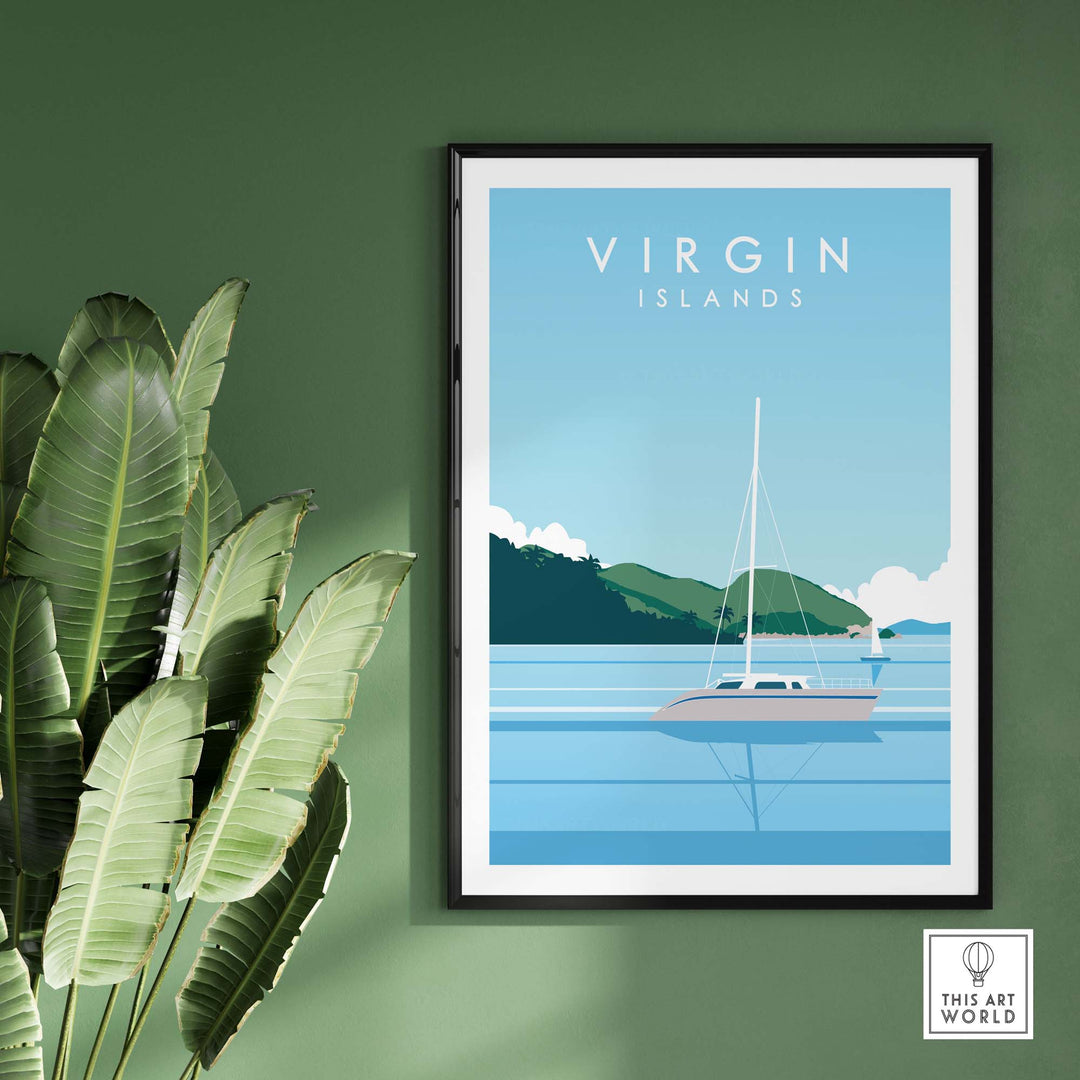 Virgin Islands travel poster print depicting a sailboat in minimalist style, perfect for home or office decor.