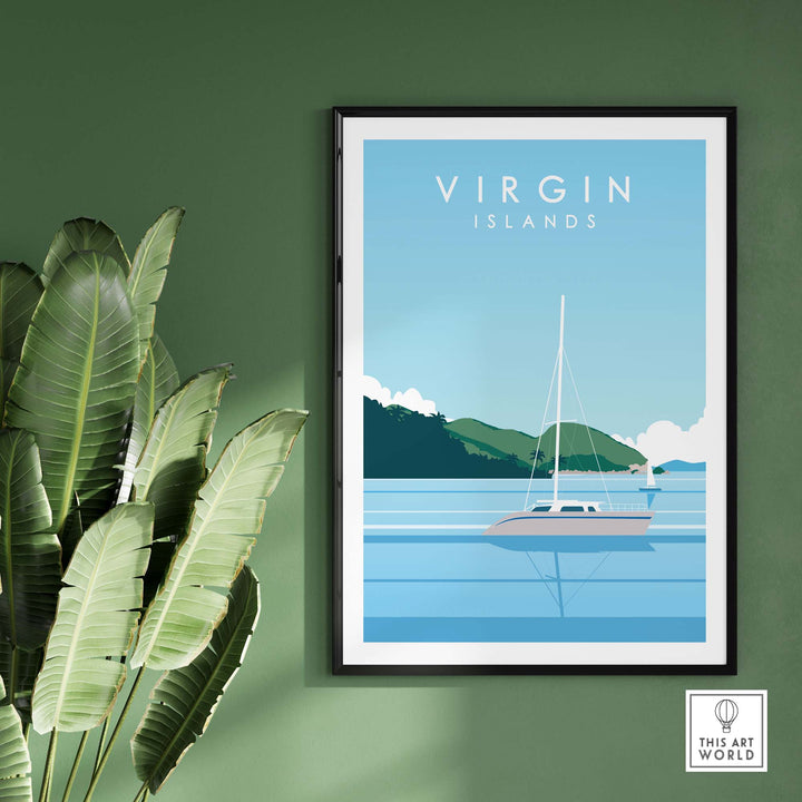 Virgin Islands travel poster print depicting a sailboat in minimalist style, perfect for home or office decor.