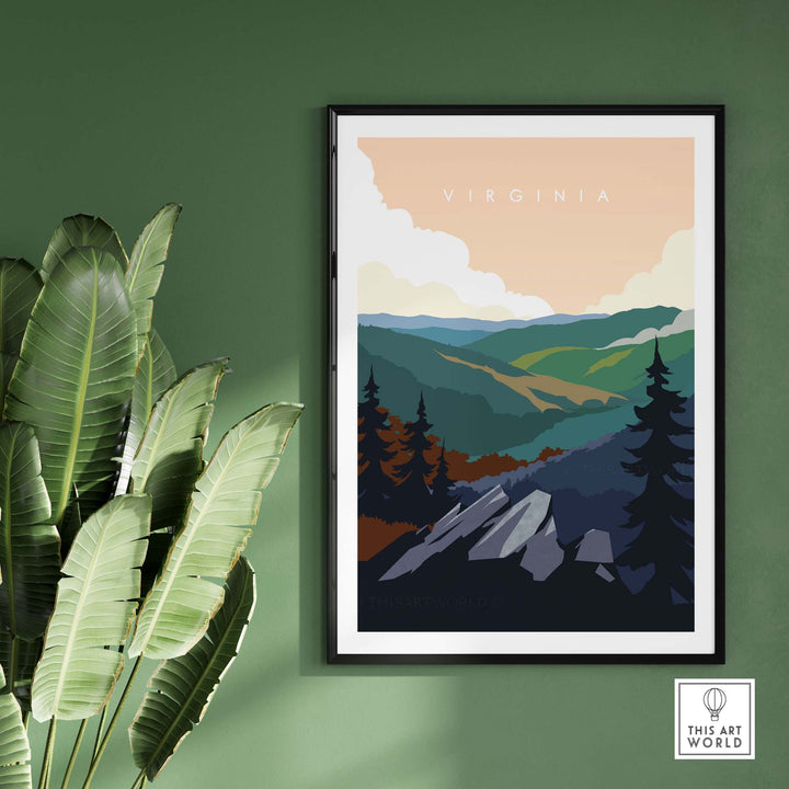Virginia travel poster print featuring mountains and greenery, ideal for stylish home or office decor.
