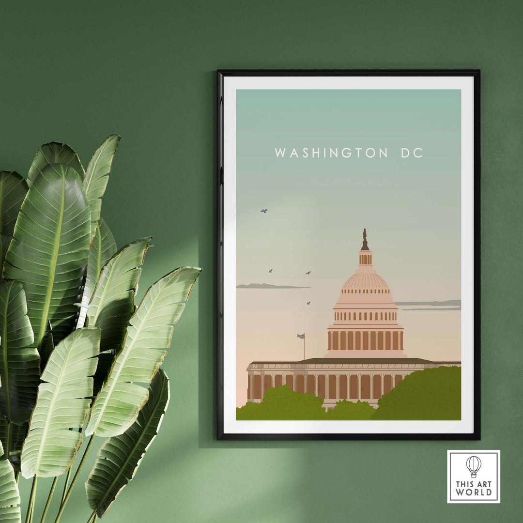 Washington DC poster print featuring the Capitol building, framed on a green wall with tropical leaves.