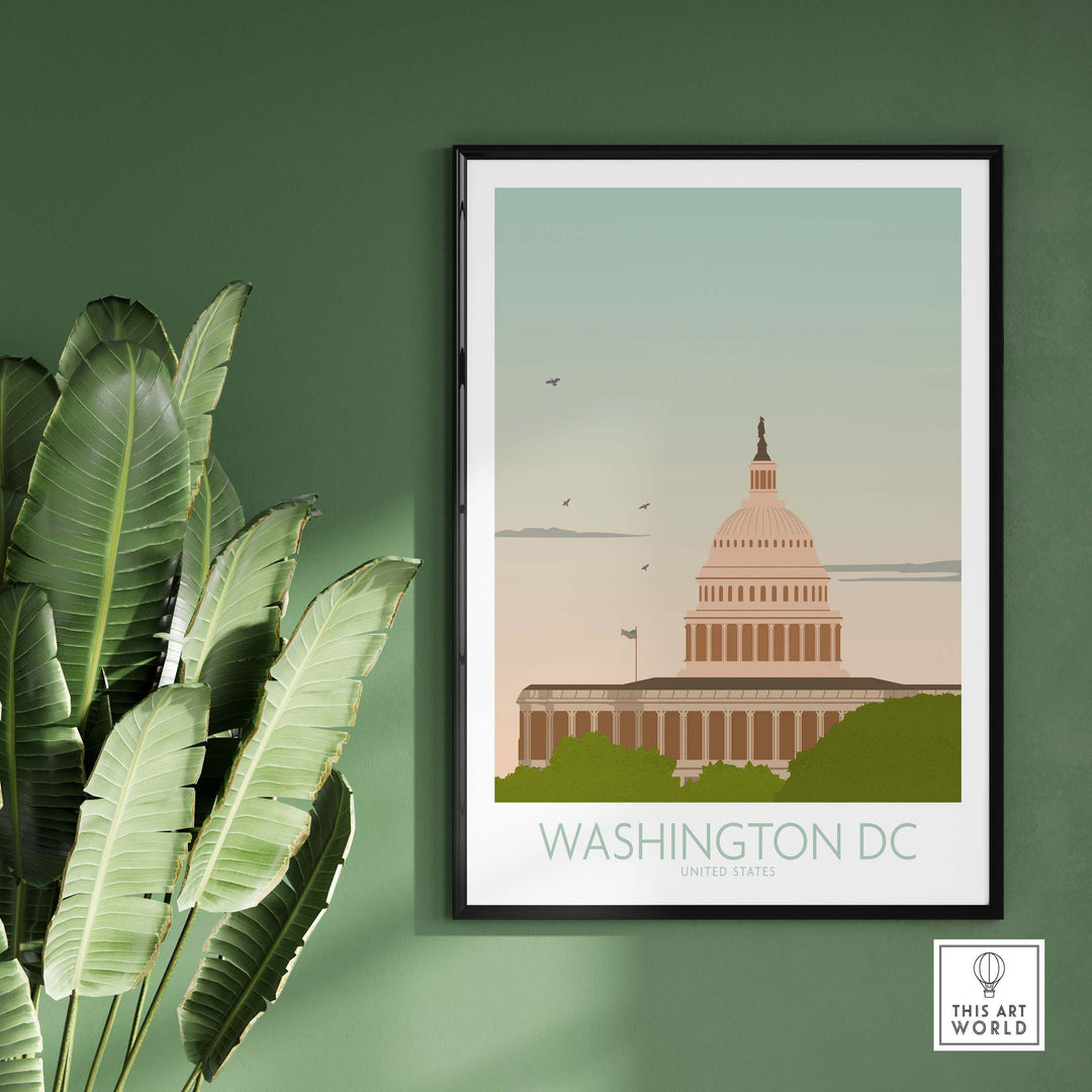 Washington DC wall art print featuring the Capitol building, stylish decor for home or office with vintage design.