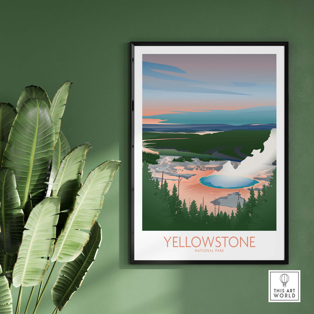 Yellowstone National Park art print showcasing vibrant colors and minimalist design, framed against a green wall.