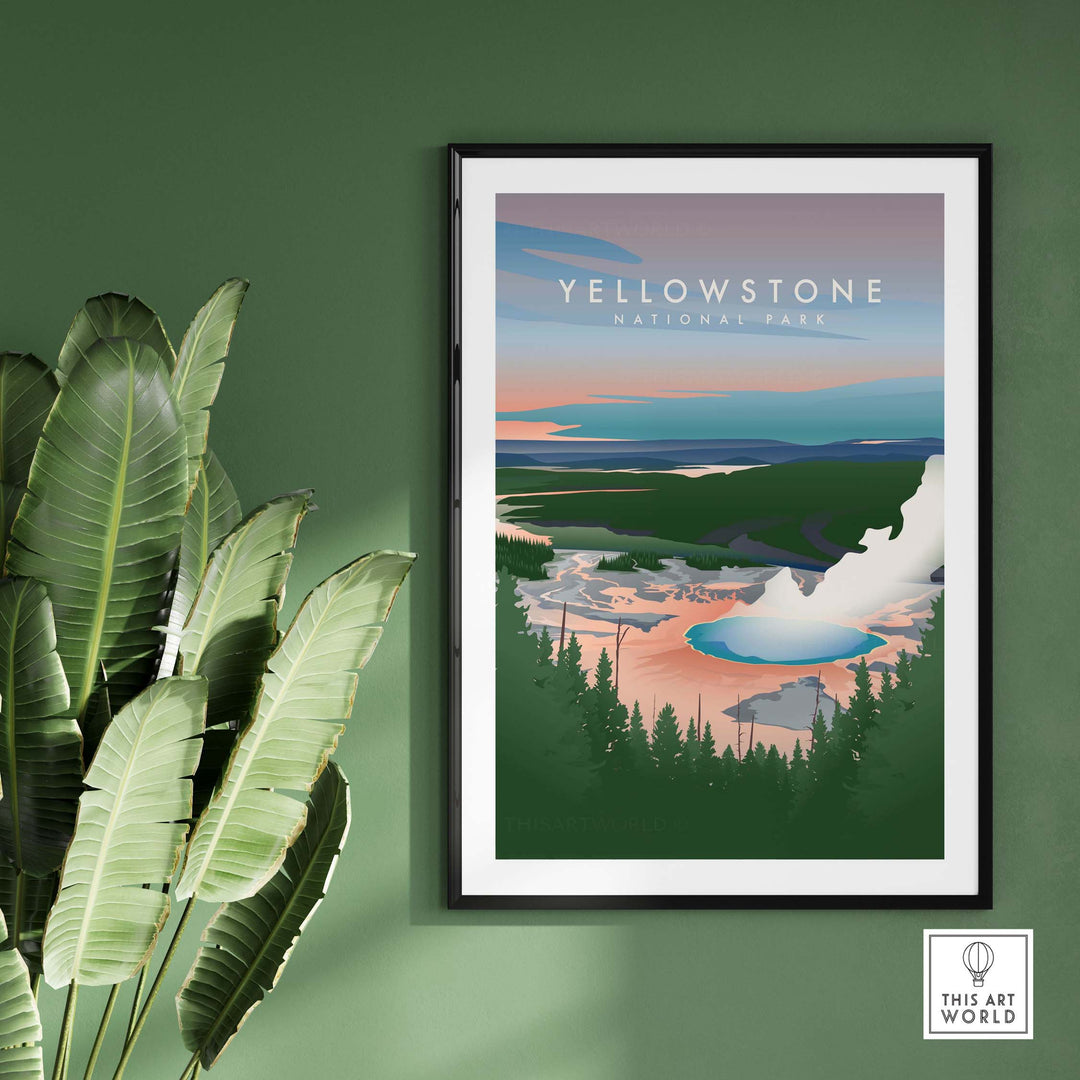 Yellowstone National Park vintage travel poster framed on wall with green plants, showcasing Old Faithful geyser.