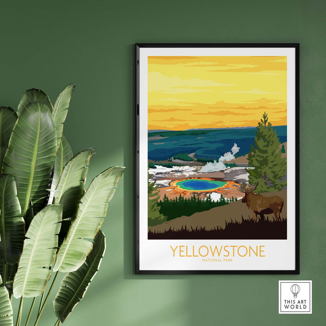 Yellowstone Park Print Poster featuring vibrant artwork of the park's landscape, framed against a green wall.