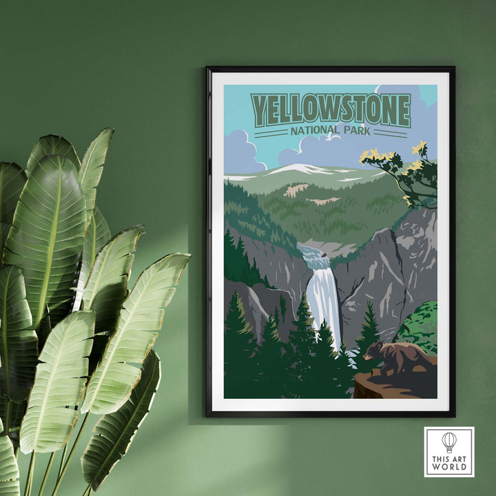 Yellowstone National Park print featuring a waterfall and mountains, inspired by vintage park posters.