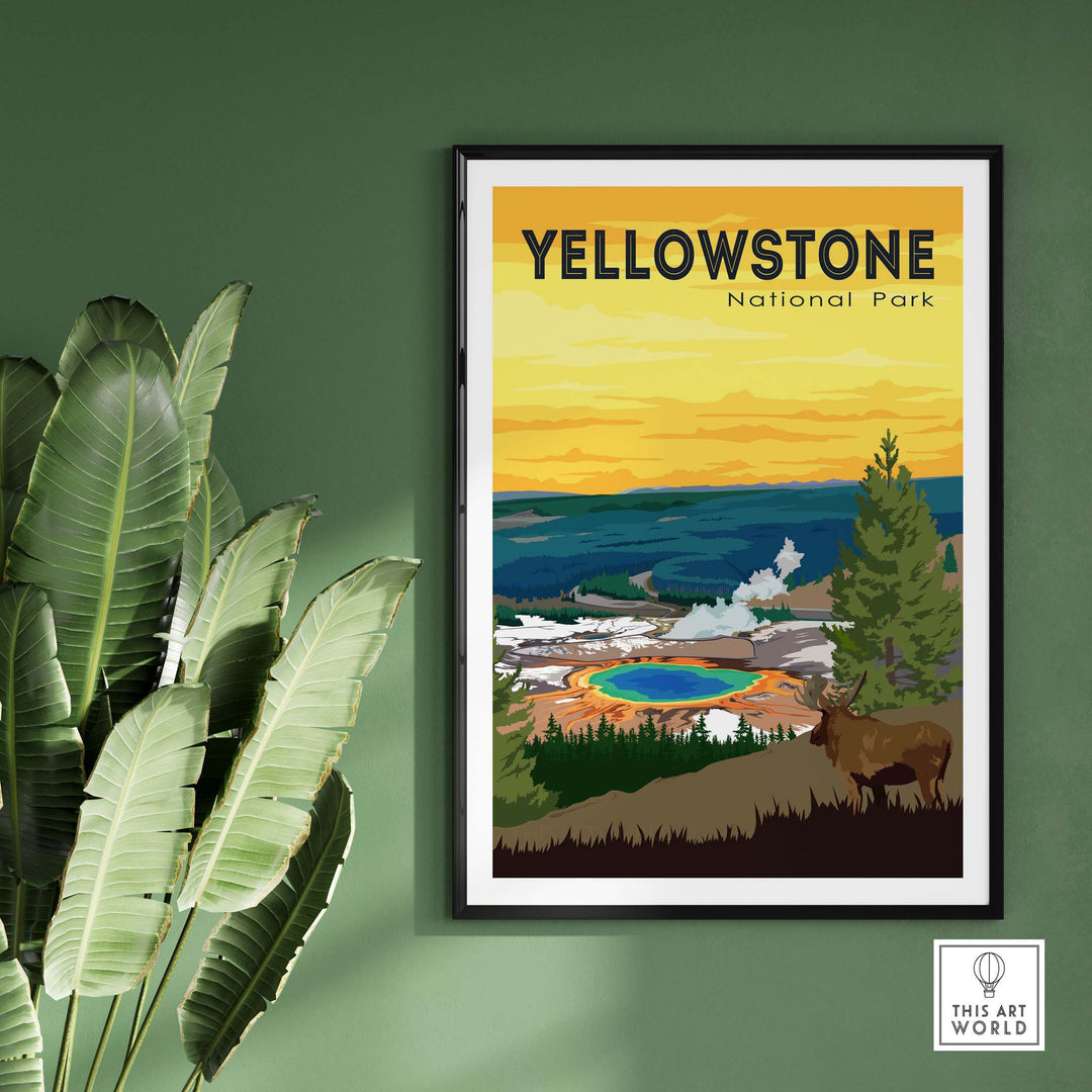 Vintage Yellowstone National Park poster framed, showcasing colorful landscapes and wildlife, perfect for home decor.