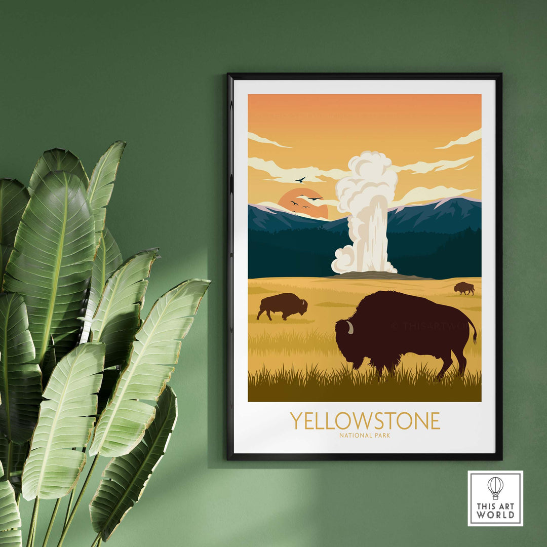 Yellowstone National Park poster featuring bison and geysers in a minimalist design on a green wall.
