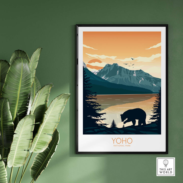Yoho National Park Poster art print featuring a bear, mountains, and lake, styled in a minimalist design.