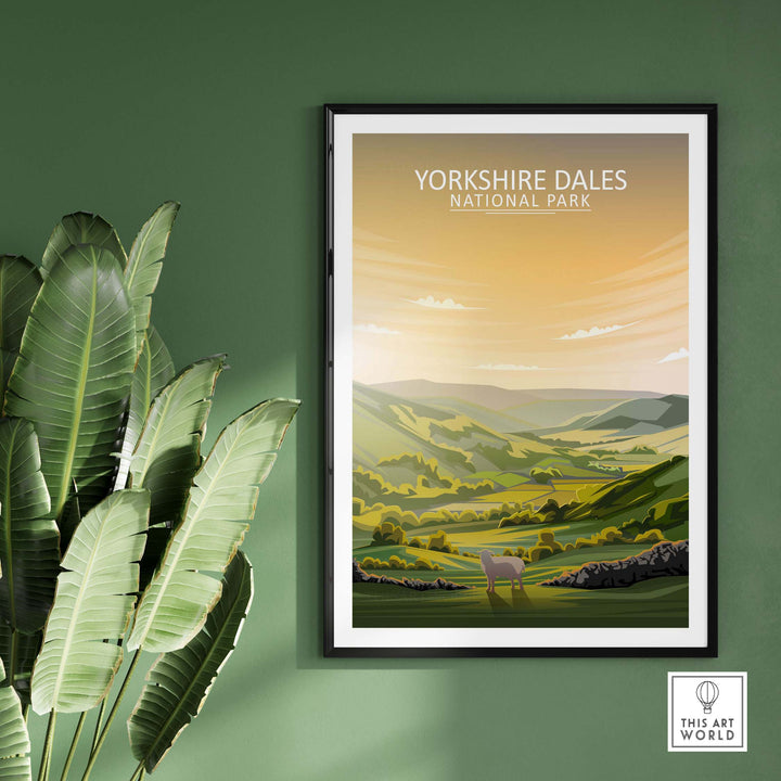 Yorkshire Dales National Park poster print in a framed display on a green wall with plants.