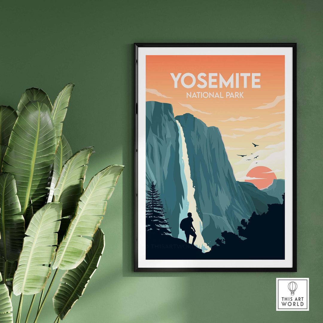 Yosemite National Park poster featuring a waterfall and sunset, framed artwork for nature lovers and adventurous decor.