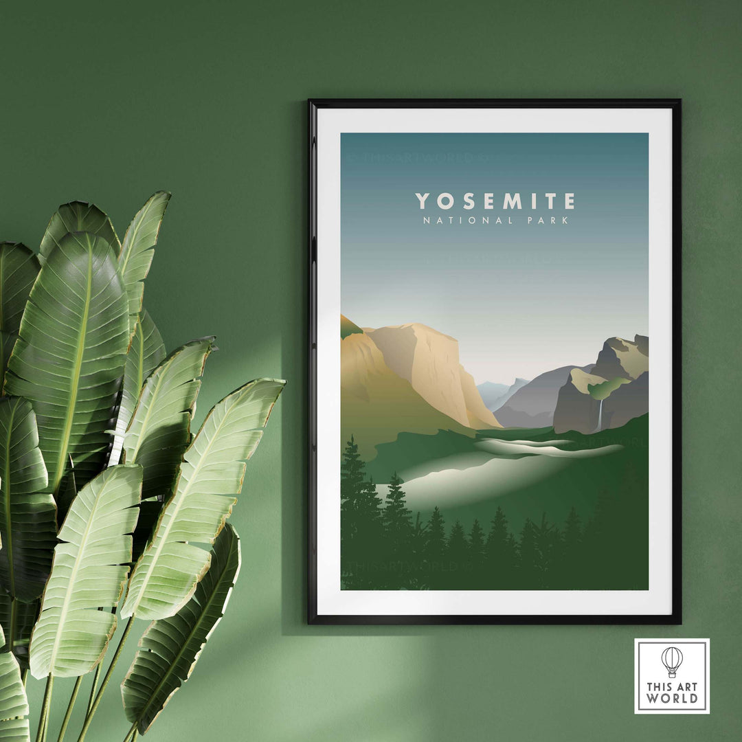 Framed Yosemite National Park art print on green wall, featuring El Capitan and serene landscape for home decor.
