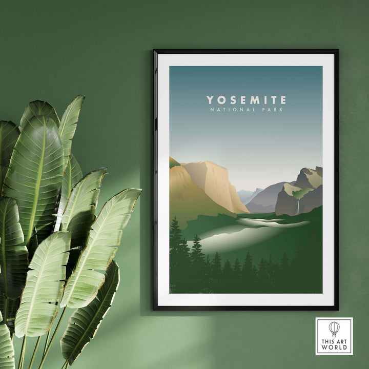 Framed Yosemite National Park art print on green wall, featuring El Capitan and serene landscape for home decor.