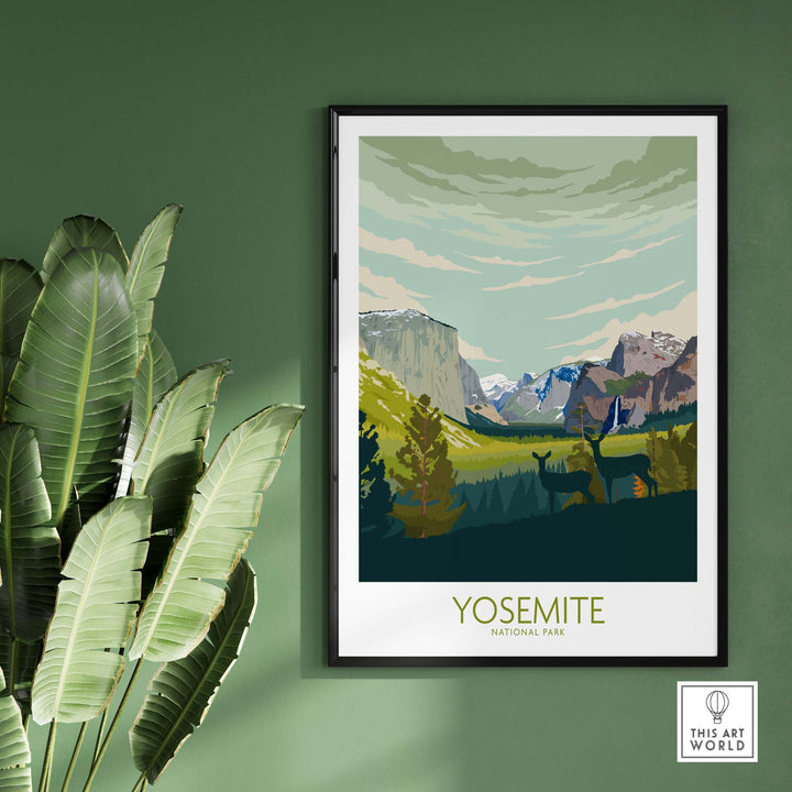 Yosemite National Park Print Poster framed on green wall with plants, vintage-style artwork for home and office decor.