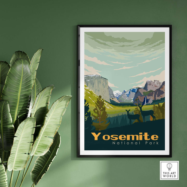 Yosemite National Park poster print featuring scenic mountains and wildlife, framed on a green wall, perfect for home decor.