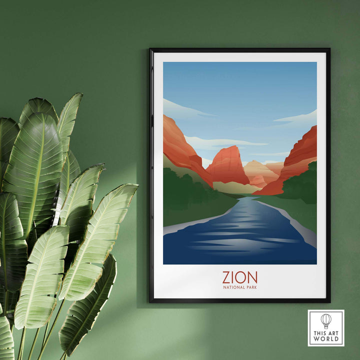 Zion National Park Art Print featuring a minimalist design of mountains and river, ideal for home or office decor.