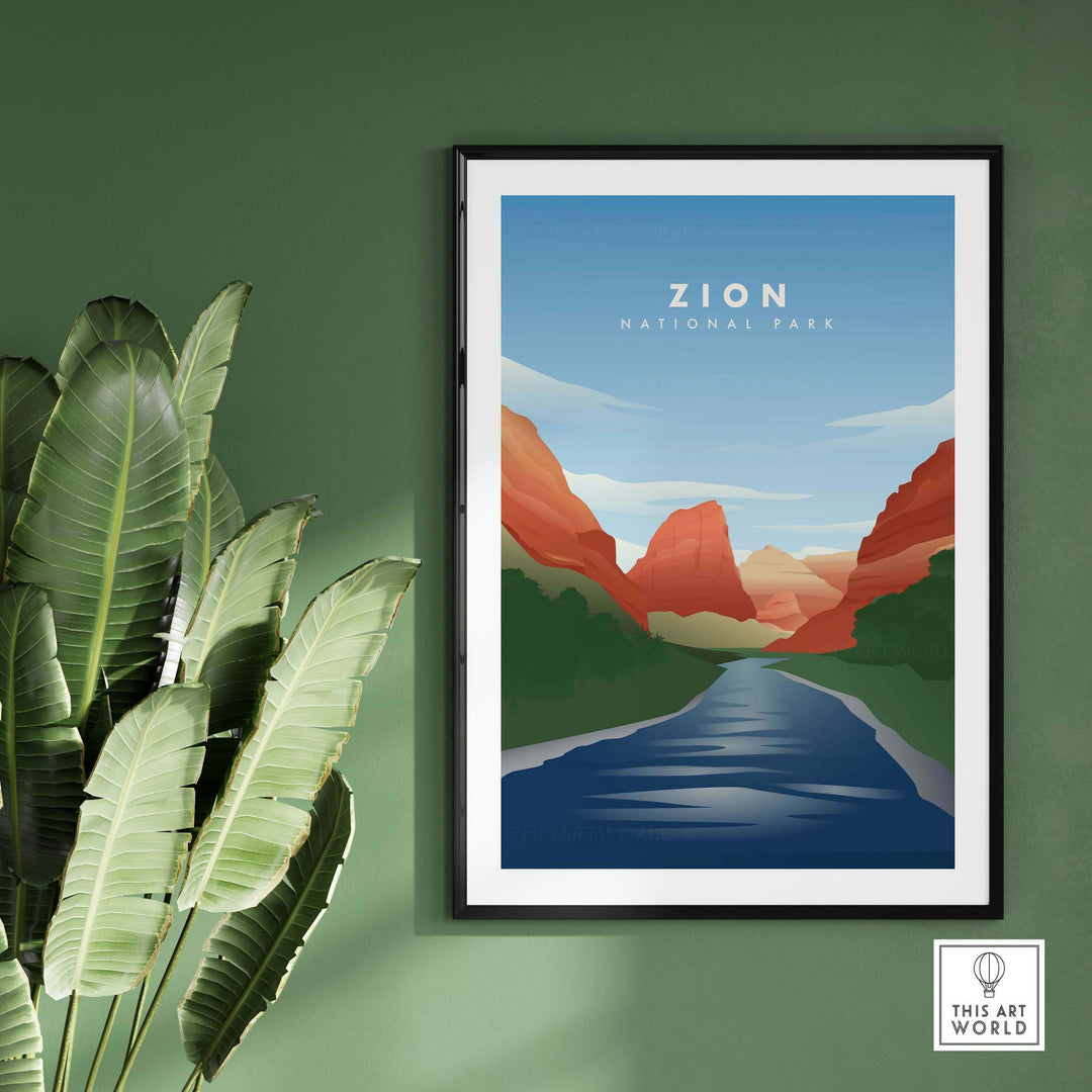 Zion National Park art print featuring Virgin River and red canyon landscapes, framed on a green wall.