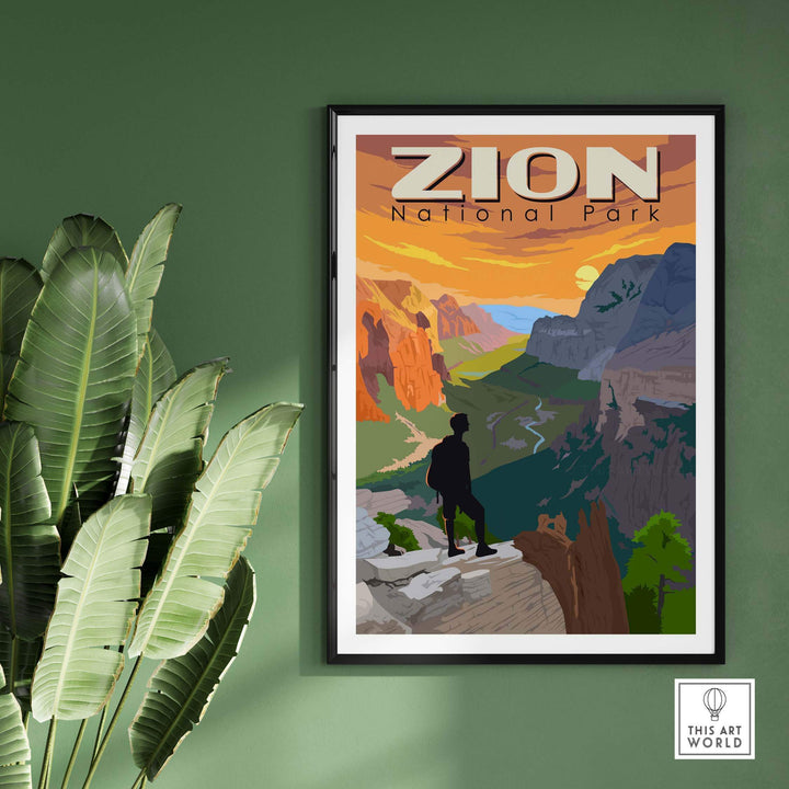 Zion National Park poster print showcasing a hiker overlooking stunning mountains and sunset, framed in a stylish home decor.