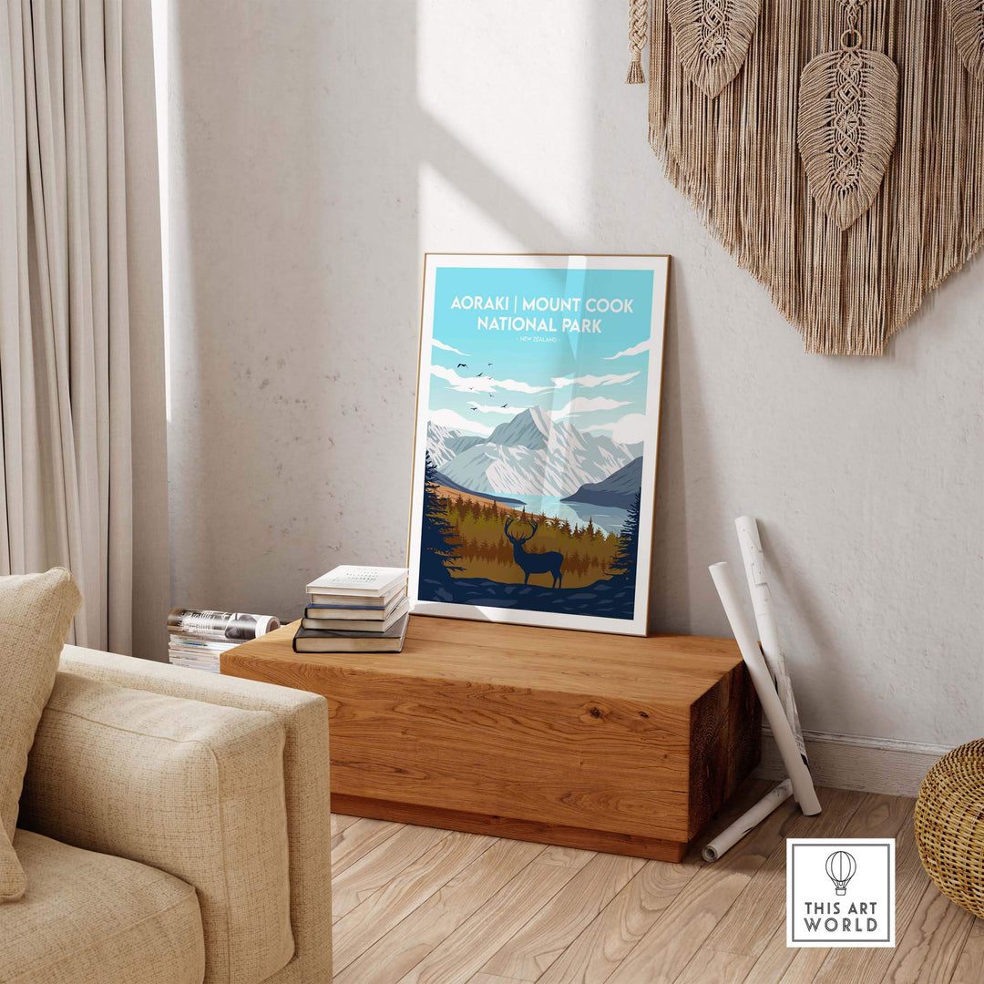 Aoraki Mount Cook National Park vintage travel poster in stylish interior setting.