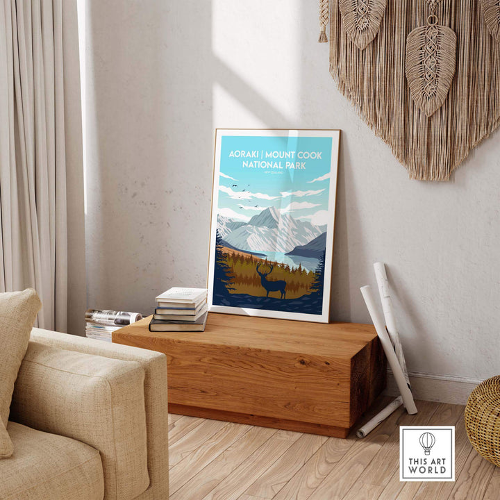 Aoraki Mount Cook National Park vintage travel poster in stylish interior setting.
