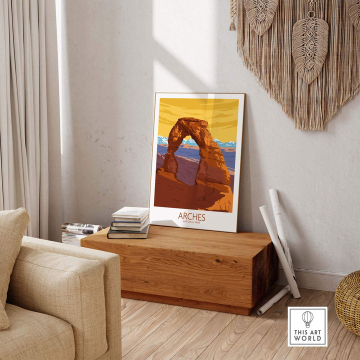 Arches National Park poster print displayed in a stylish living room setting, showcasing vintage-inspired wall art.