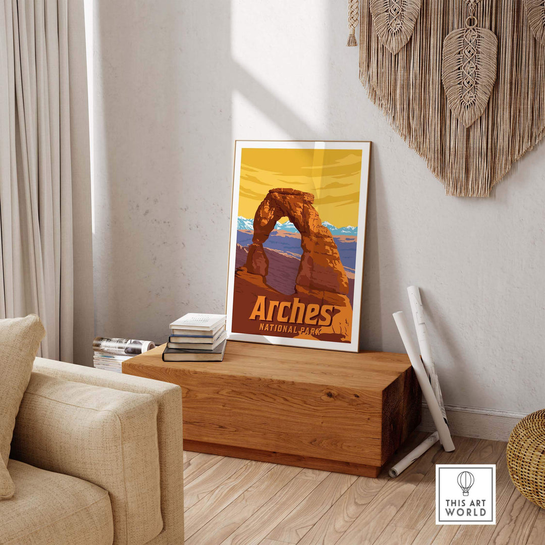 Arches National Park vintage poster displayed on a wooden table in a cozy living room setting.