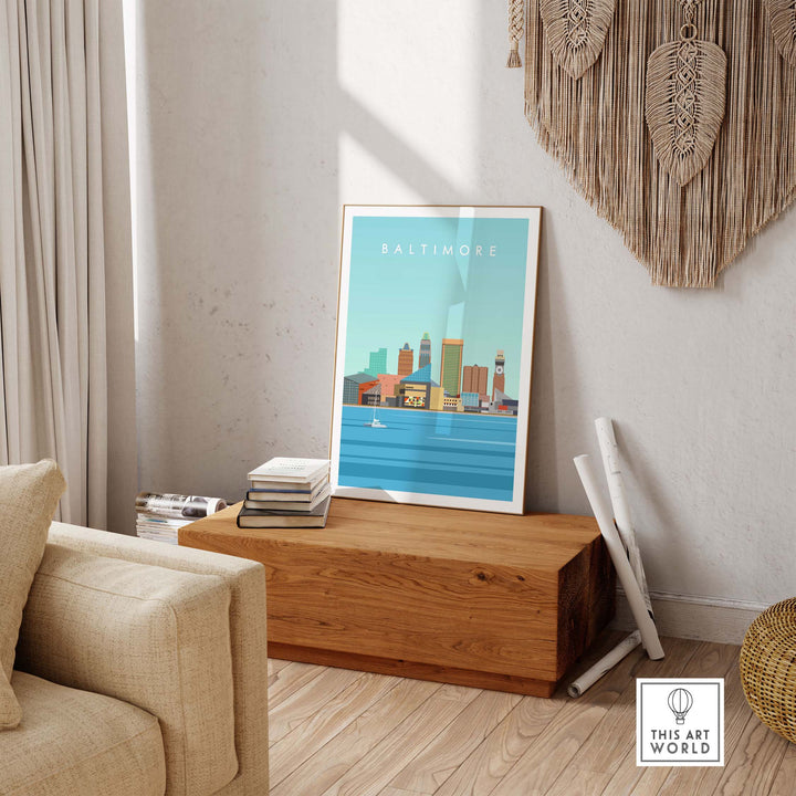 Baltimore Maryland Print in a stylish living room setting, showcasing minimalist vintage travel art.