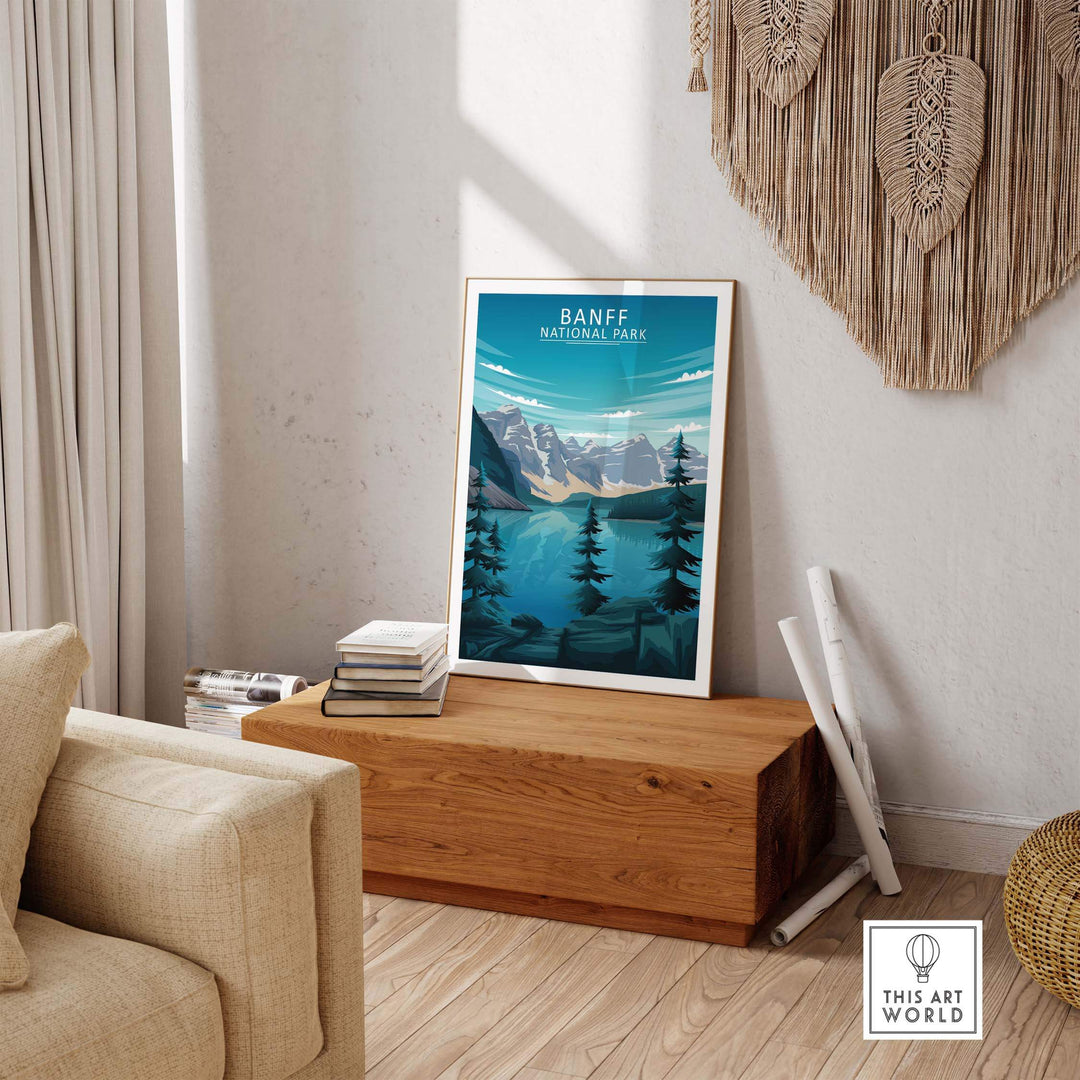 Banff Print Canada National Park artwork displayed in a stylish living room setting, capturing nature's beauty.