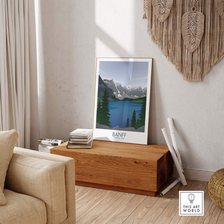 Banff National Park art print featuring mountains and lake, styled in a minimalist design, in a cozy living room.