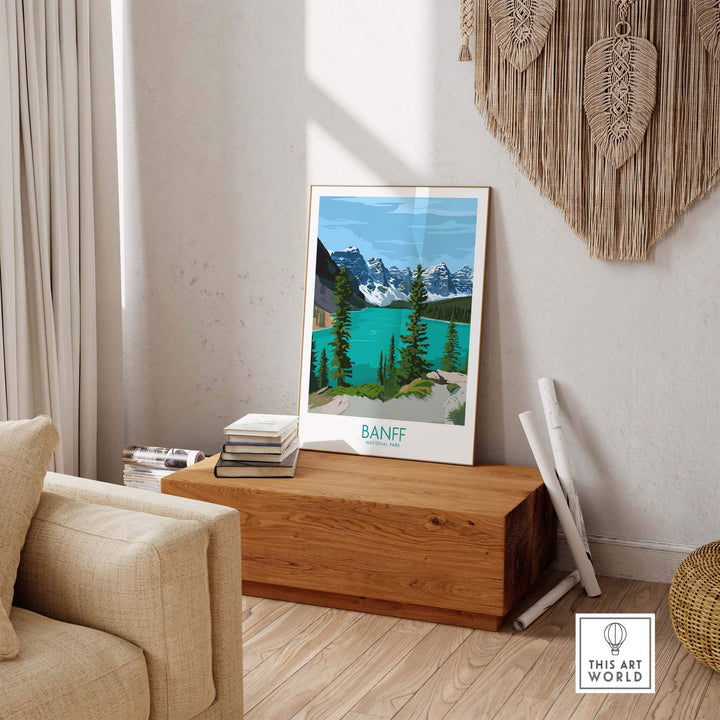 Banff Poster Print Wall Art showcasing mountains and lake in a modern interior setting, perfect for home decor.