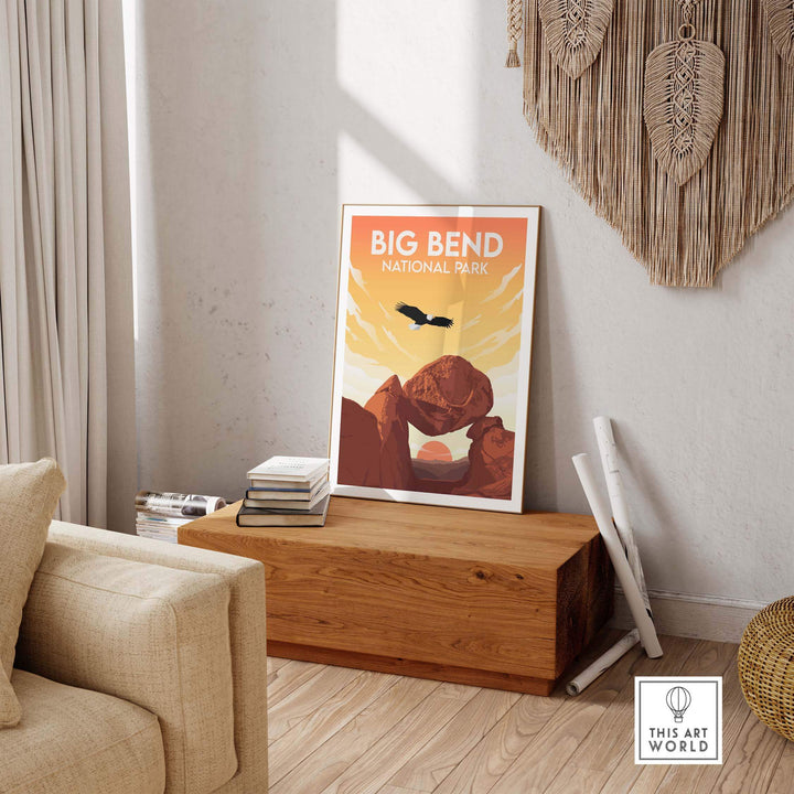 Big Bend National Park poster in a minimalist style, displayed in a stylish indoor setting.