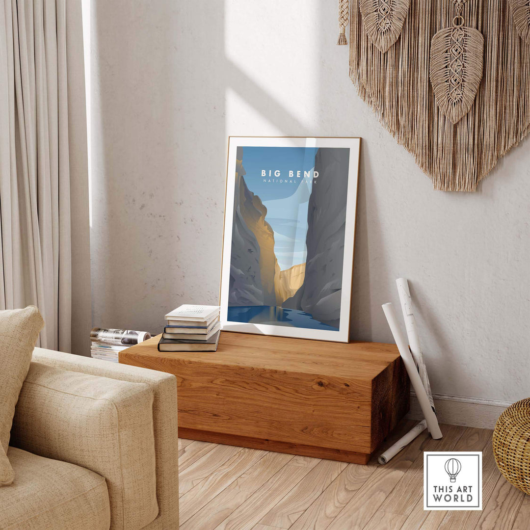Minimalist Big Bend National Park art print displayed in a modern living room setting.