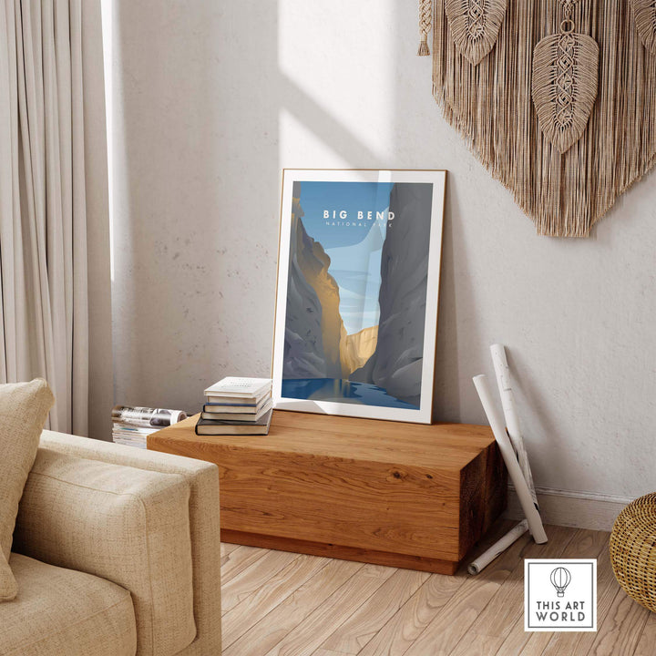 Minimalist Big Bend National Park art print displayed in a modern living room setting.