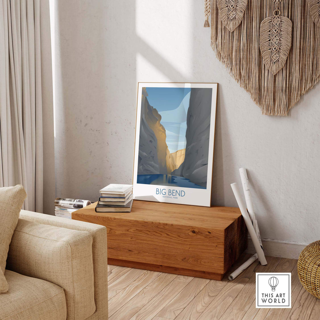 Big Bend National Park Art Print displayed in a cozy living room, showcasing nature-inspired minimalist design.