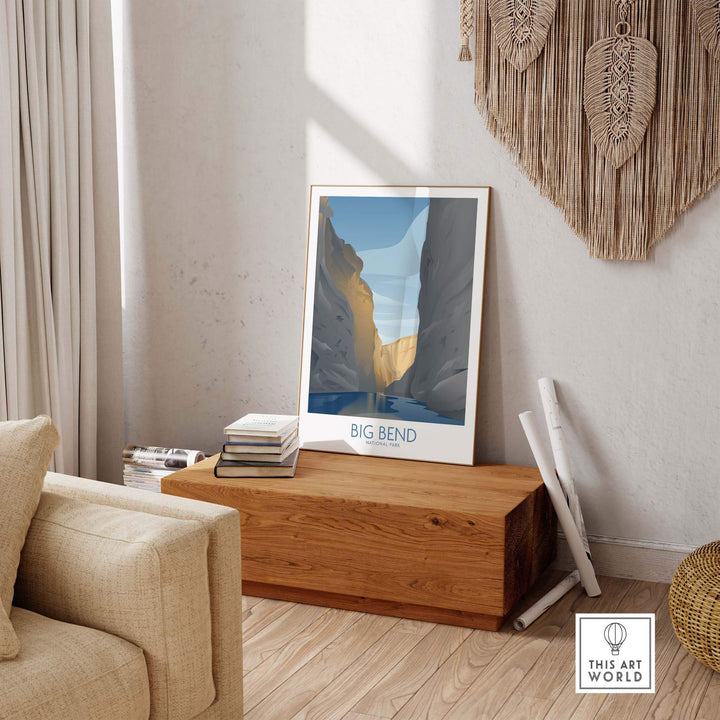 Big Bend National Park Art Print displayed in a cozy living room, showcasing nature-inspired minimalist design.