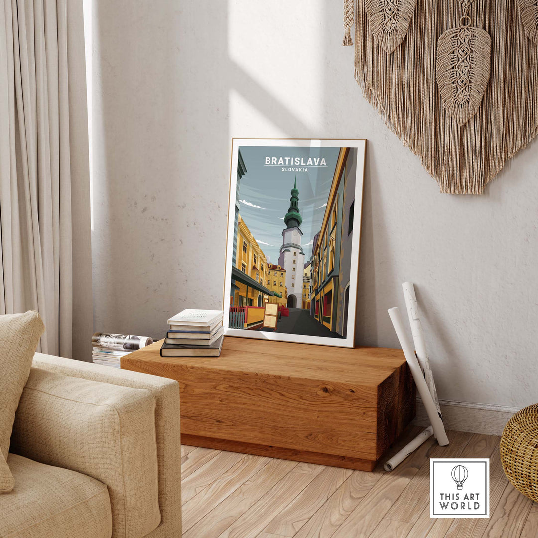 Bratislava poster showcasing a vintage design in a minimalist living space, perfect for travel enthusiasts.