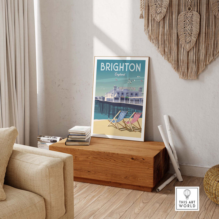 Brighton Wall Art Print showcasing Brighton Pier and vibrant seaside scenery in a stylish living room setting.