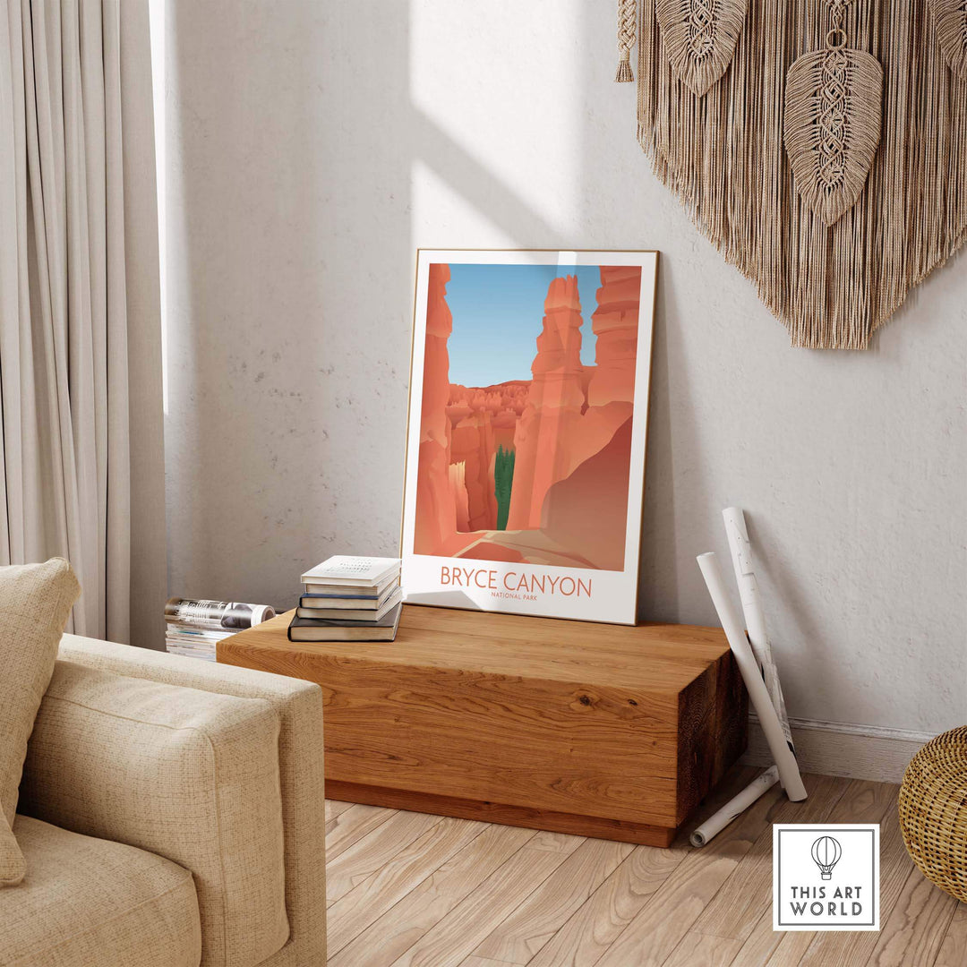 Bryce Canyon National Park art print displayed in a stylish living room with minimalist decor.