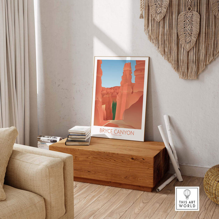 Bryce Canyon National Park art print displayed in a stylish living room with minimalist decor.